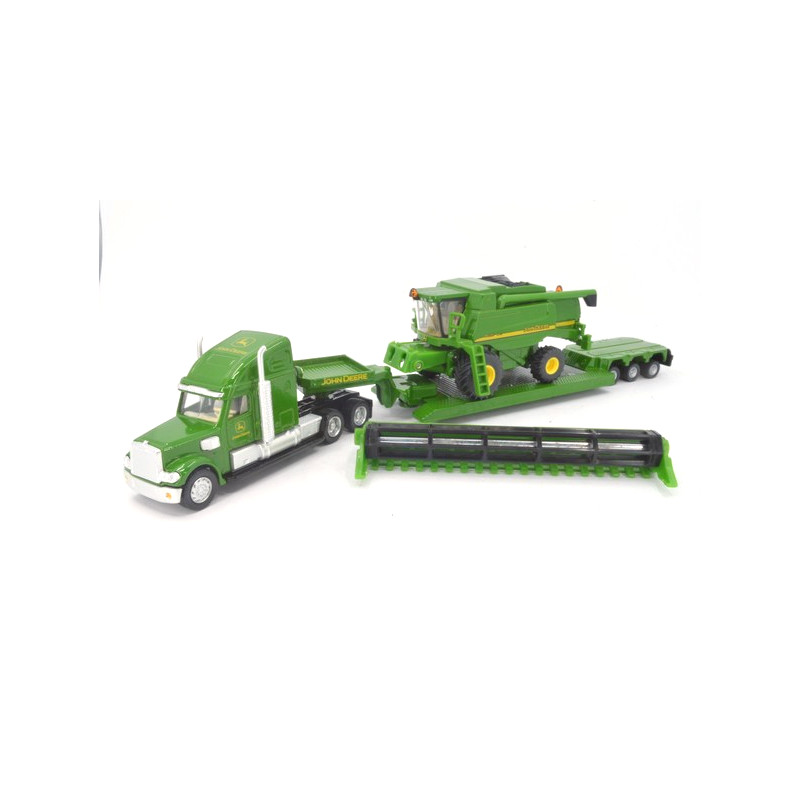 Freightliner met dieplader en John Deere 9680i combine