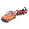 Land Rover Defender 90 brandweer met aanhanger en boot