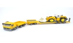 Mercedes Actros with low loader and O&K L45 wheel loader